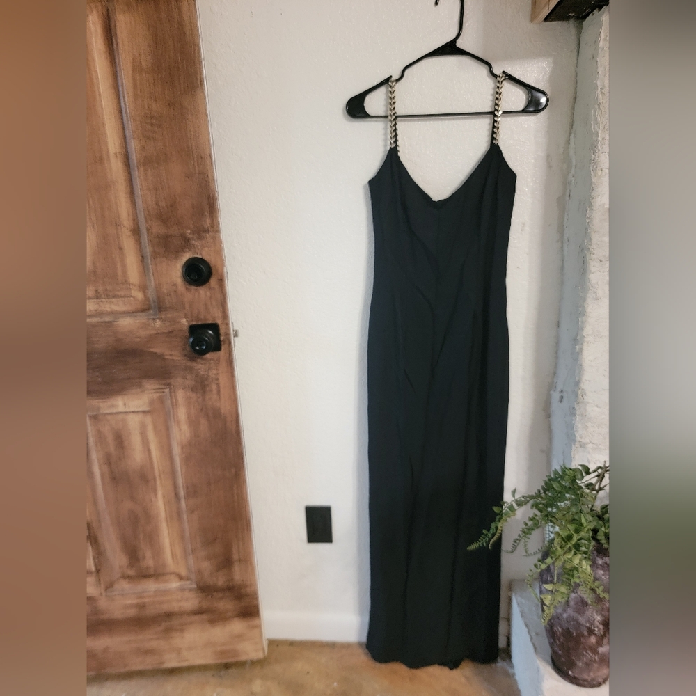 Jessica McClintock Black Maxi Dress with Gold Chain Straps Euc 1990 Size 7 8